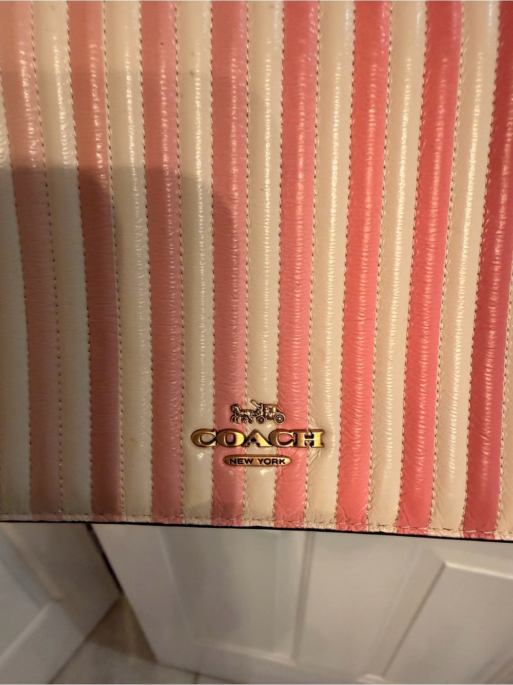 Coach Pink and Cream Striped Leather Tote with Gold Logo